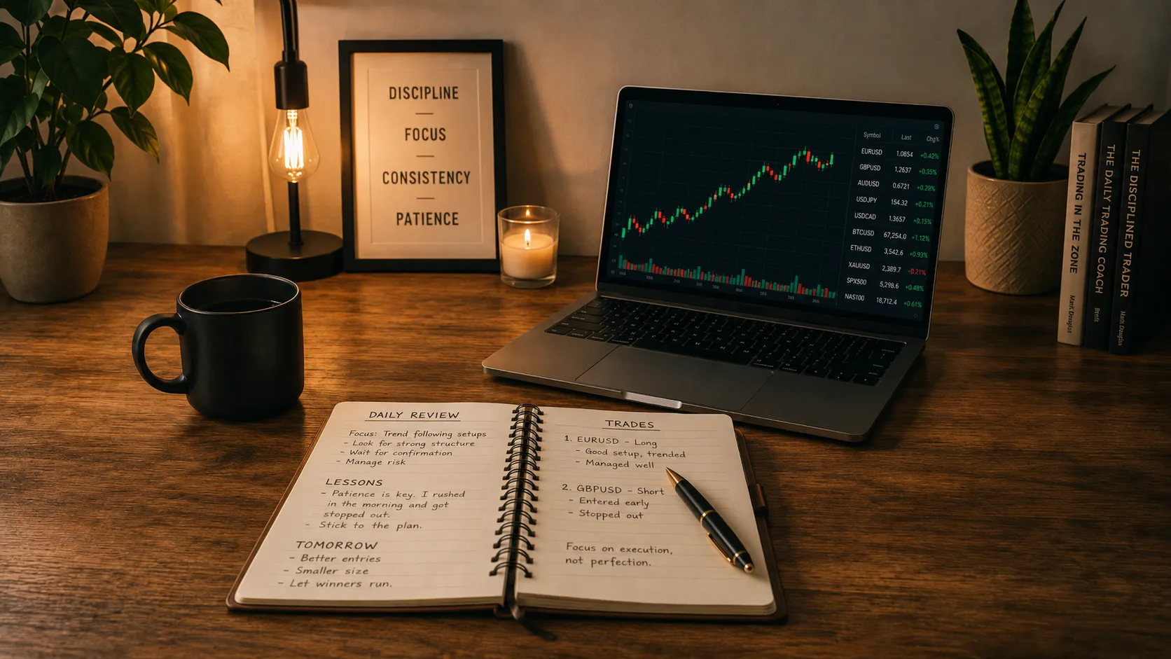 Trading journal workspace with a laptop, market chart, notebook, and coffee